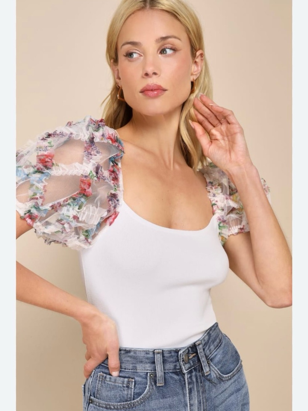 Lulu's Cream Top with Floral Puff Organza Sleeves - Picture 2 of 12
